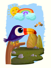 Obraz premium Cute cartoon toucam bird with the rainbow hand drawn childish character vector illustration isolated on white background.