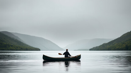 Man kayaking alone on a calm lake surrounded by misty mountains.