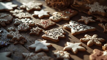 Handmade holiday delights: A collection of frosted gingerbread cookies on wood table