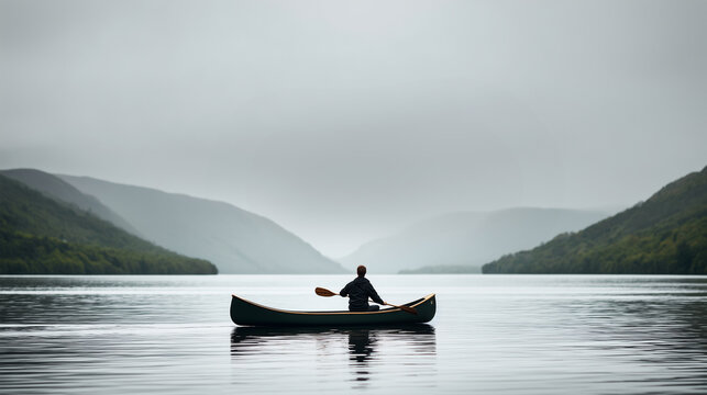 Man kayaking alone on a calm lake surrounded by misty mountains. - Powered by Adobe