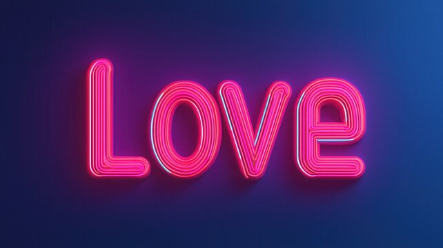 Pink neon love text on blue background representing romance, passion, and affection for happy moments