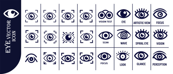 Eye vector icons set with focus frames, vision test, scan, wave, spiral, look, and perception