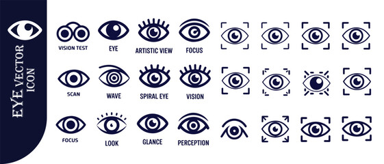 Eye vector icons set for vision test, scan, wave, spiral, focus, look, glance, and perception