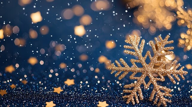 Golden snowflakes sparkling on dark blue glitter background, creating a festive winter christmas scene and holiday