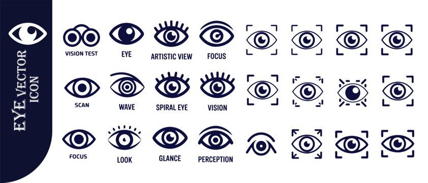 Eye vector icons set for vision test, scan, wave, spiral, focus, look, glance, and perception