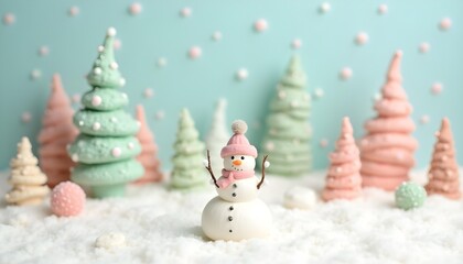 Clay-style Christmas scene set on a bright, sunny winter morning, with round soft trees, tiny snowmen building a snow fort, pastel yellow and sky blue colors, smooth sculpted textures, child-friendly