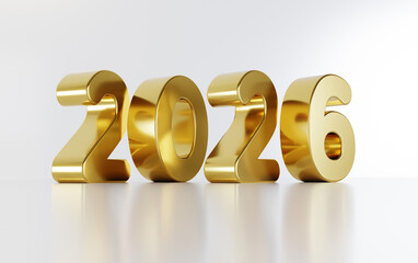 2026 Gold 3D Rendered Text Isolated on White Reflective Surface, Luxury Metallic Numbers Concept for Financial Success and Business Planning.