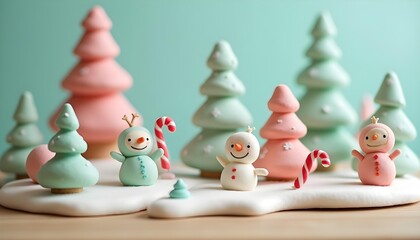 Clay-style Christmas scene set on a bright, sunny winter morning, with round soft trees, tiny snowmen building a snow fort, pastel yellow and sky blue colors, smooth sculpted textures, child-friendly