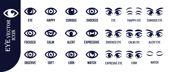 Collection of black eye icons, diverse eye shapes illustrating emotions and actions on white background