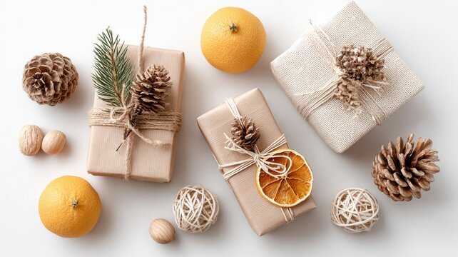 Holiday gifts presenting an eco friendly approach to gifting, using natural materials like kraft paper, twine, pine fruit cones, and dried