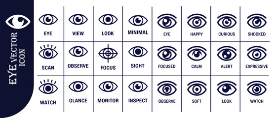 Diverse set of black eye icons, illustrating different states, emotions, and viewing actions