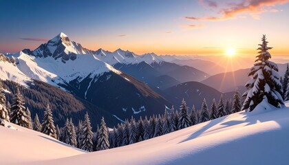 Winter mountain sunrise panorama