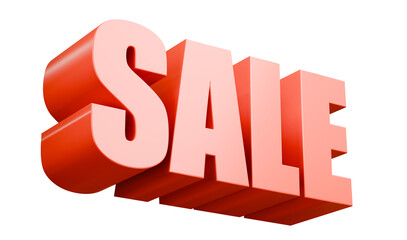 3D Rendered Red SALE Word isolated on a Transparent Background. Bold Promotional Text Typography with Glossy Perspective, ideal for E-commerce Banners and Marketing Advertising Cutout Graphics.