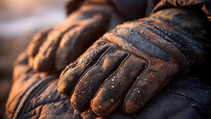 A pair of gloves resting on puffer jacket pockets with frost sparkles visible under soft morning light