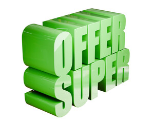 SUPER OFFER 3D Text Typography, Glossy Vibrant Green Promotional Message, Isolated Graphic Element on Transparent Background Cutout