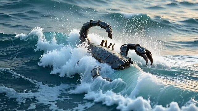 Dynamic scorpion emerging from powerful ocean waves, a dramatic scene symbolizing strength and resilience, perfect for fantasy or zodiac content