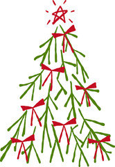 Whimsical Vintage Green Christmas Tree with Red Bows Hand-drawn