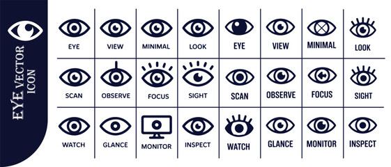 Eye vector icon set for various actions related to seeing and watching concepts on white background