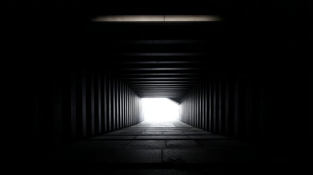 capitulating. Architectural tunnel with converging lines and fading natural light, perspective receding into darkness. real-estate listings.
