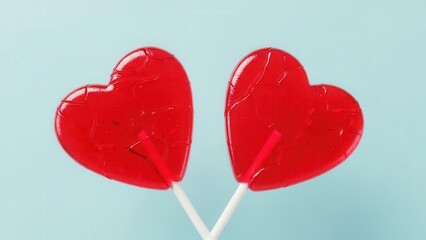 Two red heart shaped lollipops on white sticks against a light blue background candy sweet