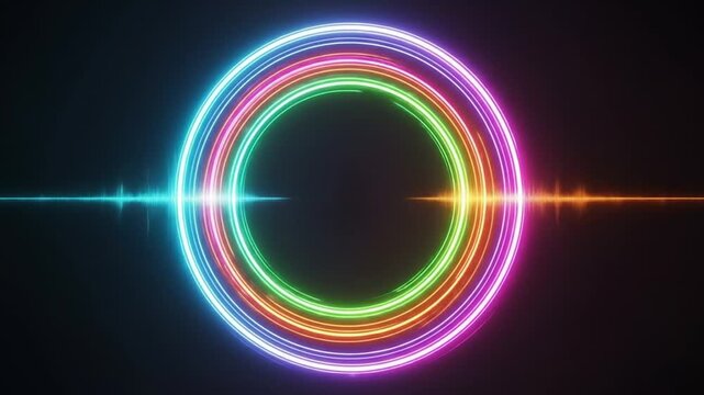 Enchanting kaleidoscope: A dynamic display of mesmerizing neon circles and pulsating beams of