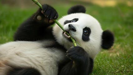 Obraz premium Giant panda enjoying bamboo snack on green grass in natural habitat