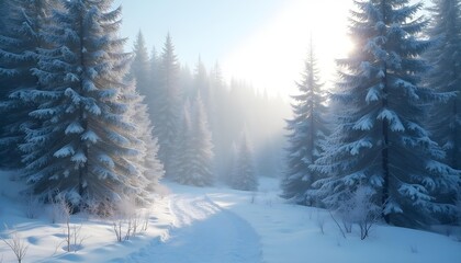 Photo-realistic 8k landscape capturing a dense pine forest during winter, with large snowflakes falling and a soft morning fog creating a mystical feel. Natural light rays stream through the canopy