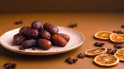 Natural Dates with Dried Orange Slices, Healthy Snack and Festive Table Decor, Nutritious Food Still Life, Modern Minimalist Food Design