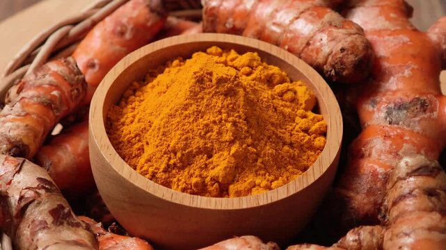 Turmeric powder in a wooden cup