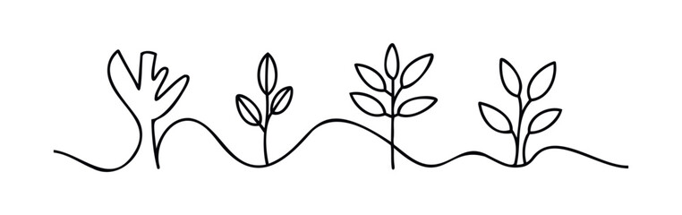 Minimalist black line art depicts four abstract plants growing from undulating ground, perfect for nature, growth, or organic concepts in branding and web.