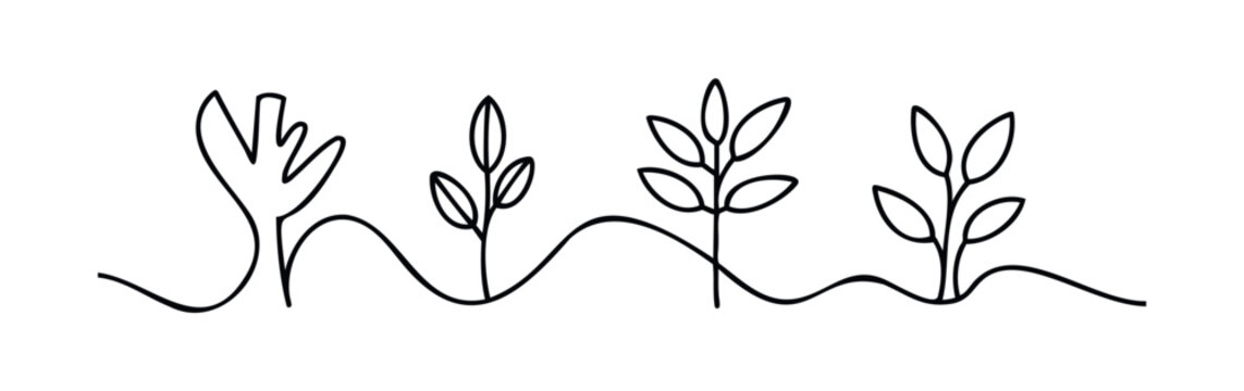 Minimalist black line art depicts four abstract plants growing from undulating ground, perfect for nature, growth, or organic concepts in branding and web.