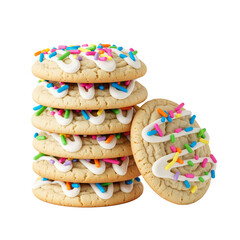 Stack of iced sugar cookies with colorful sprinkles, isolated design element on a transparent background PNG.