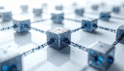 Blockchain Node Infrastructure: Distributed server network with interconnected data nodes and geometric wireframe connections
