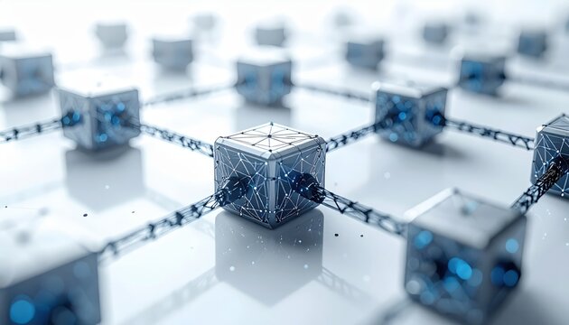 Blockchain Node Infrastructure: Distributed server network with interconnected data nodes and geometric wireframe connections
