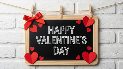 Chalkboard with Happy Valentines Day message and red hearts on brick wall love