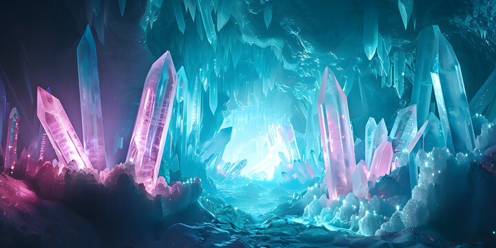 Magical glowing crystal cave with vibrant pink and blue formations