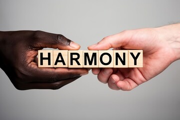 Symbolic Gesture of Unity: White and Black Hands Stack Blocks to Spell 'Harmony' Together