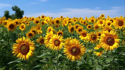 Fototapeta premium A field of tall sunflowers facing towards the sun under a clear blue sky (1)