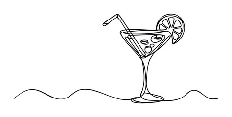 Continuous line drawing of a refreshing cocktail with a citrus slice and straw, perfect for vacation, leisure, and summer refreshment concepts, ideal for beverage advertising and