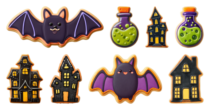 PNG Halloween-themed colorful cookie designs, element set on transparent background
