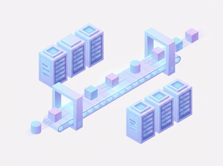Modern isometric server farm illustration showing data flowing seamlessly on a conveyor belt system, ideal for cloud computing or network infrastructure themes