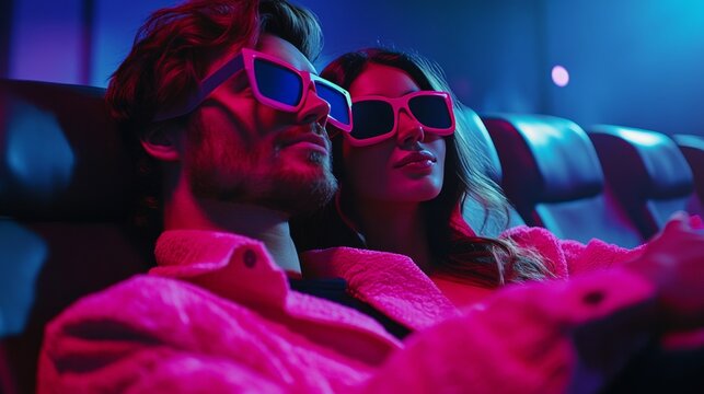 Two people with vibrant clothing wearing red goggles and sitting in a darkened room. They are focused on an unseen virtual world, embodying the immersive technology of VR headsets.