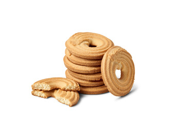 Stack of butter cookies with one broken on transparent background