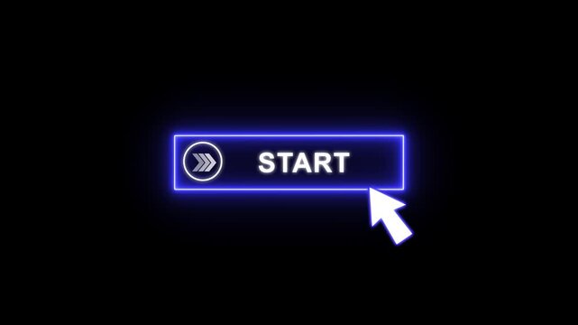 Start button glowing neon blue animation with white Text and cursor click. Looping UI element on transparent background 4K.