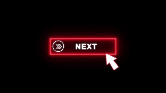 Next button glowing neon red animation with white Text and cursor click. Looping UI element on transparent background 4K.
