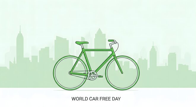 Green bicycle silhouette against a faint city skyline background