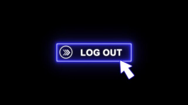 Log out button glowing neon blue animation with white Text and cursor click. Looping UI element on transparent background 4K.