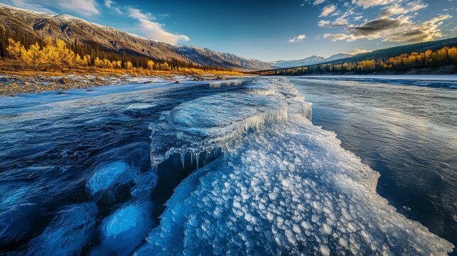 A serene scene of a river with icy waves reflecting the morning light and clouds against a mountainous backdrop.