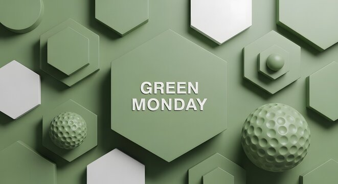 Green monday abstract geometric background with textured spheres and hexagons