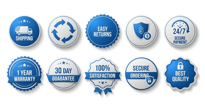 Collection of blue and white guarantee and quality assurance badges and seals
